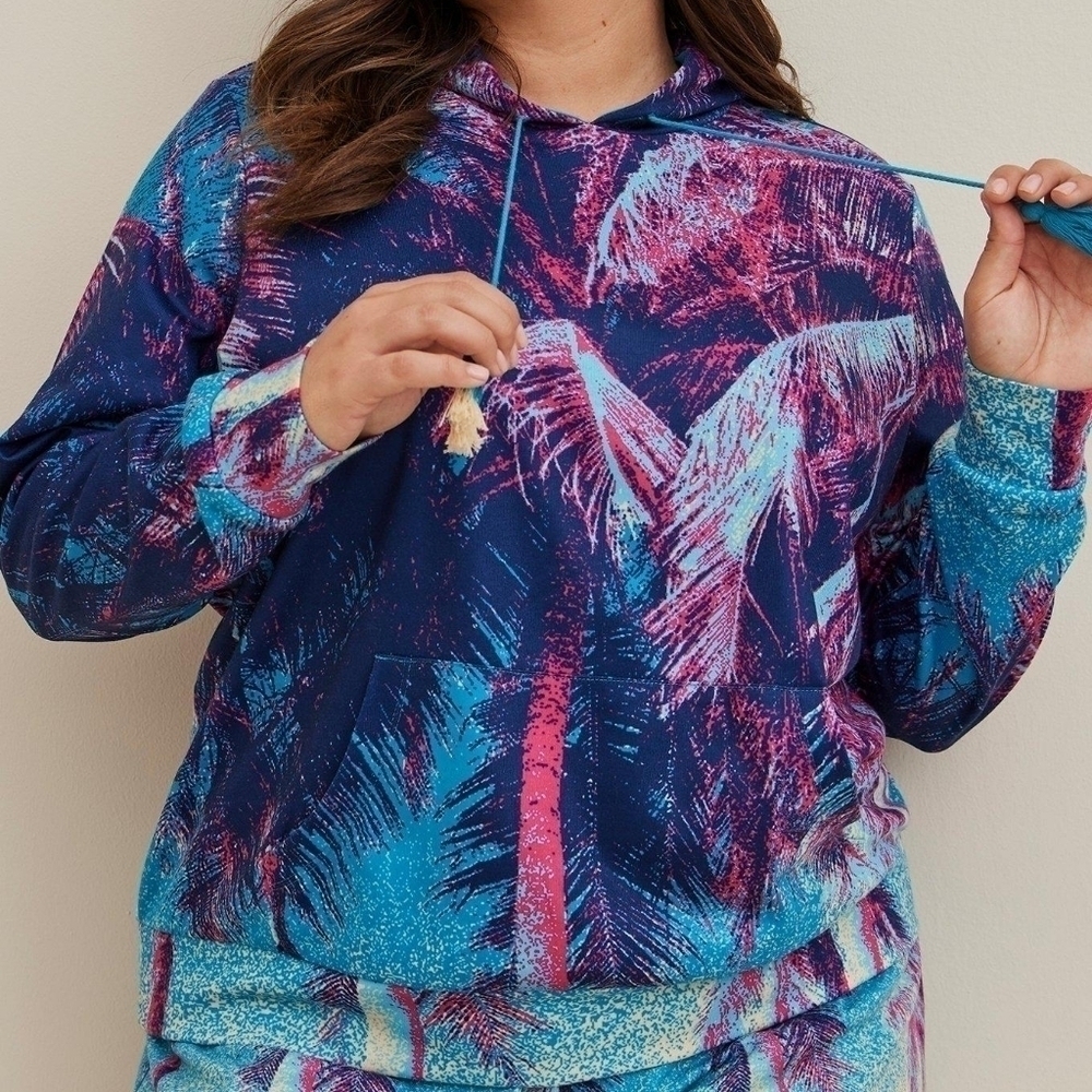 Torrid Blue Pink Hoodie Cover-Up Lightweight Fleece Palm Tree Beachy Cozy Soft